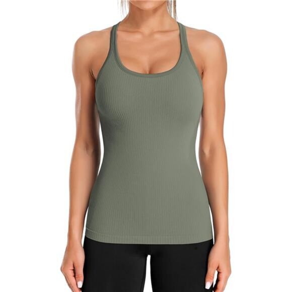 Ribbed Workout Tank Tops for Women with Built in Bra Tight Racerback Scoop Neck - Picture 1 of 7